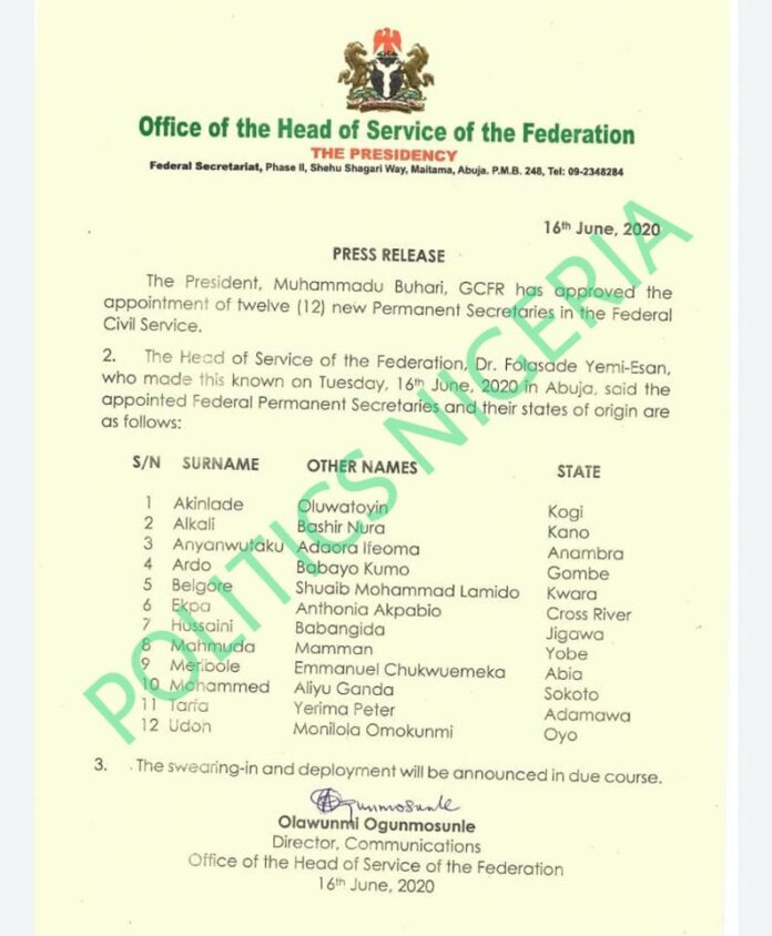 President Buhari Appoints 12 New Permanent Secretaries