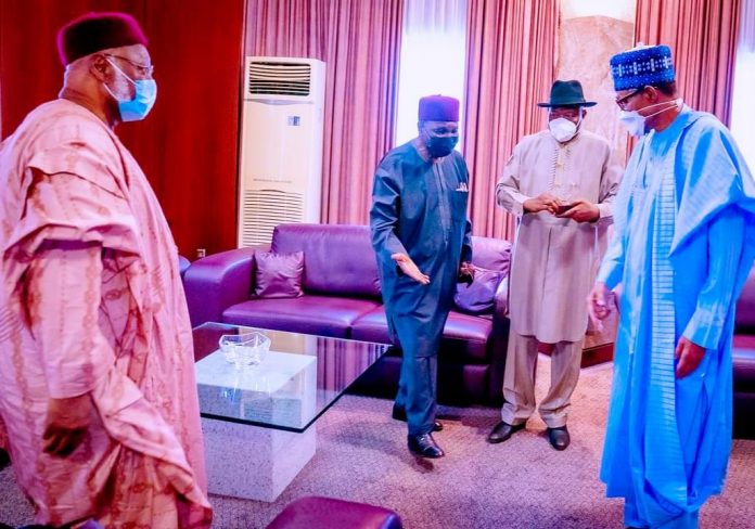 Buhari, Gowon, Abdulsalami, Jonathan meet in presidential villa