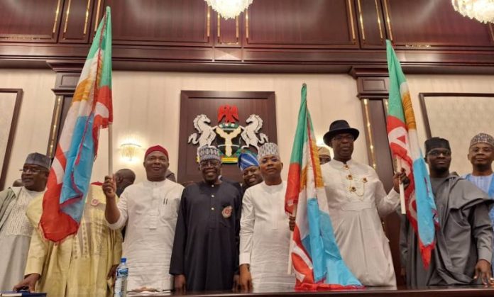 President Tinubu Presents Flags to Bayelsa, Imo and Kogi APC Guber Candidates