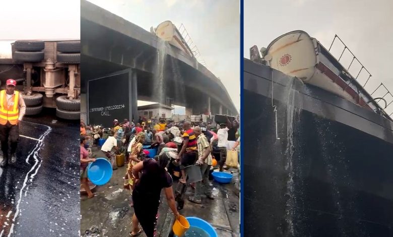 Fuel Tanker Falls on Tincan Liverpool Bridge, Residents Scoop Diesel as Traffic Grinds to a Halt in Apapa